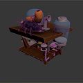 Wooden Workbench Display with Purple Beetle Orange Device and Transparent Jar Setup
