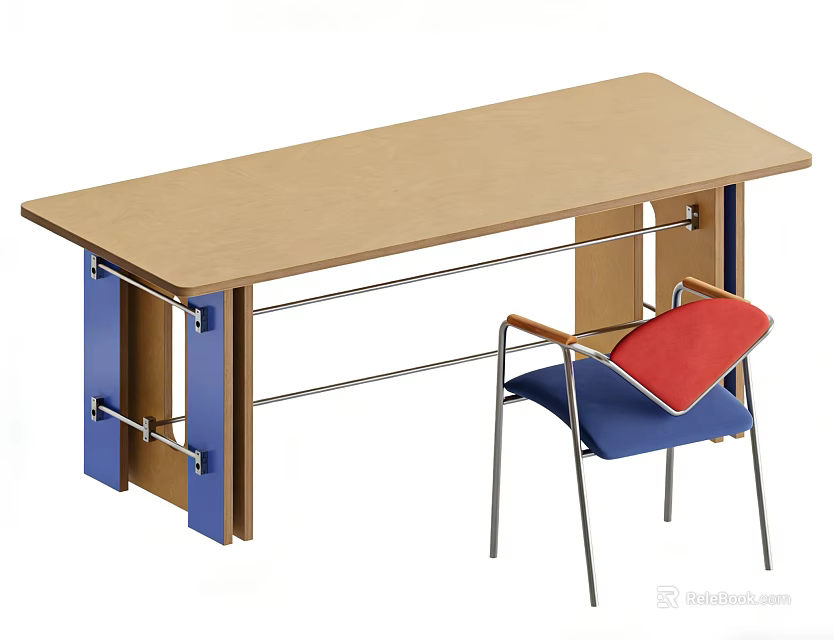 Modern Wooden Desk With Blue Legs Metal Bar And Blue Red Chair 3d model 