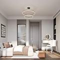 Modern Bedroom Interior With Large Window Circular Pendant Lights Bedside Tables And Decorative Painting