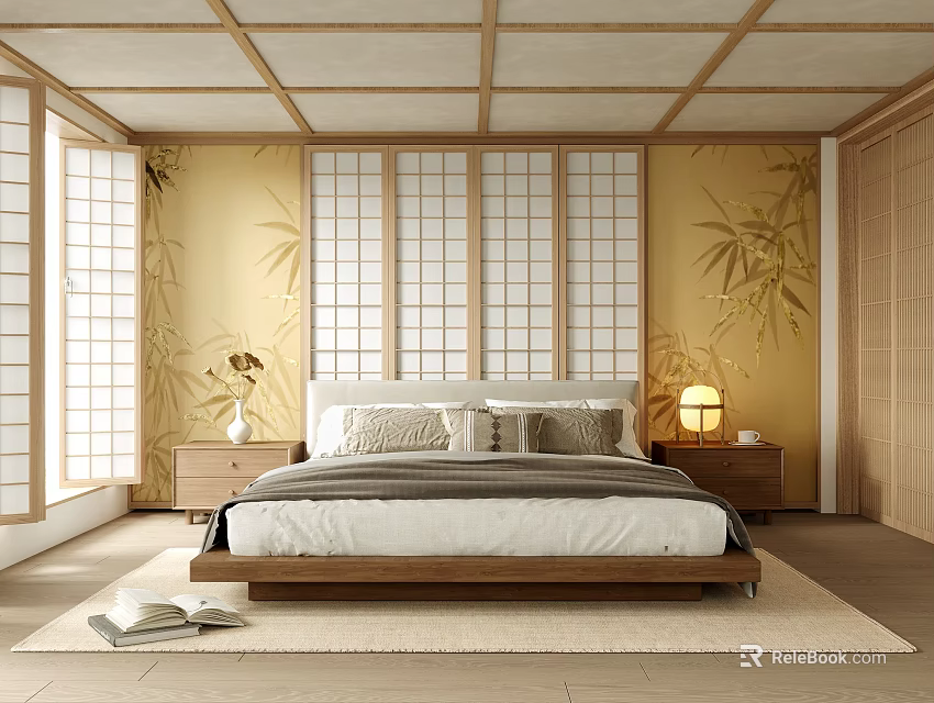 Japanese Style Bedroom with Yellow Bamboo Walls Wooden Lattice Ceiling Shoji Doors Wooden Bed Light Rug 3d model 