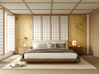 Japanese Style Bedroom with Yellow Bamboo Walls Wooden Lattice Ceiling Shoji Doors Wooden Bed Light Rug 3d model
