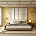 Japanese Style Bedroom with Yellow Bamboo Walls Wooden Lattice Ceiling Shoji Doors Wooden Bed Light Rug