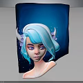 Ethereal Female Character With Light Blue Hair And Decorative Horns On Dark Blue Starry Background