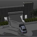 Modern Entrance Gate With Landscaped Bushes Car And People At Entrance