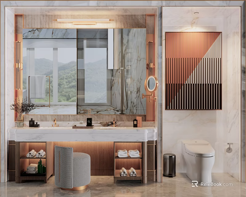 Modern Bathroom Interior With Large Mirror Marble Vanity Toilet And Decorative Painting 3d model 