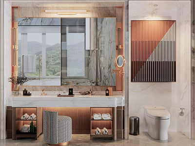Modern Bathroom Interior With Large Mirror Marble Vanity Toilet And Decorative Painting 3d model