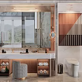 Modern Bathroom Interior With Large Mirror Marble Vanity Toilet And Decorative Painting