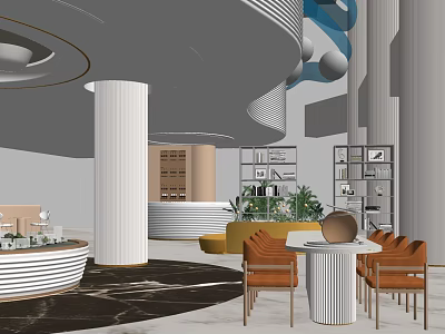 Modern Sales Office Interior With Circular White Columns Marble Flooring Orange Chairs And Green Plants 3d model