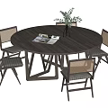 Round Wooden Dining Table Set With Four Chairs Vase Green Plant And Magazine