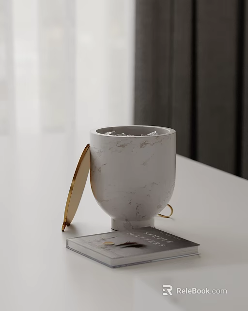 Decorative Ornament Set White Marble Textured Vase With Gold Circular Accent Placed On Magazine 3d model 