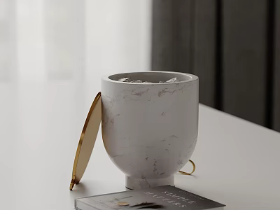 Decorative Ornament Set White Marble Textured Vase With Gold Circular Accent Placed On Magazine 3d model