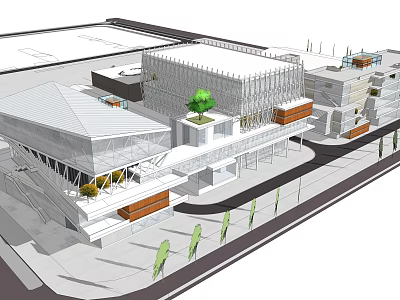 Modern Museum Building With Angular Glass Structures And Outdoor Greenery 3d model