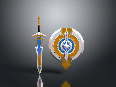 Fantasy Weapon Set Featuring Decorative Sword And Shield With Blue Gold Ornamental Design 3d model