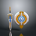 Fantasy Weapon Set Featuring Decorative Sword And Shield With Blue Gold Ornamental Design
