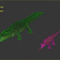 Green Crocodile with Open Mouth and Small Lizard with Long Tongue on Gray Background