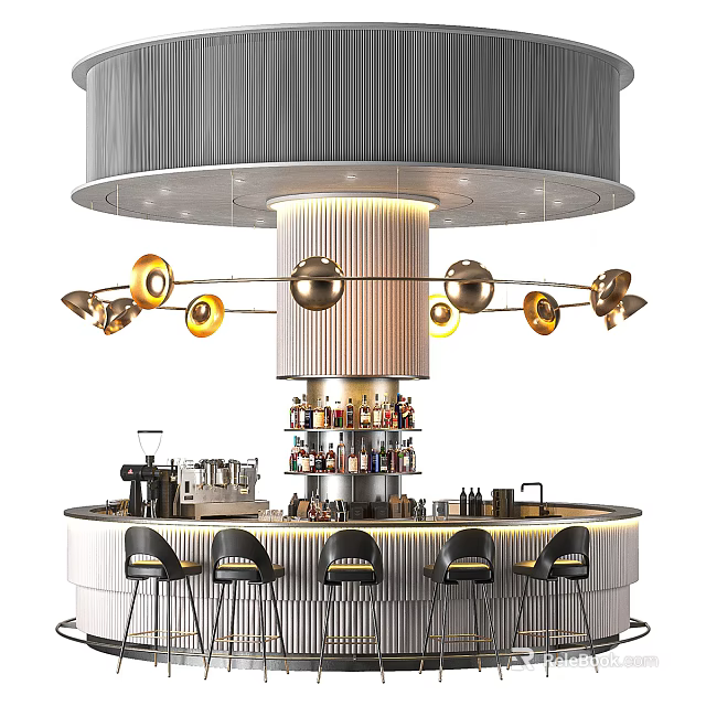 Modern Bar Interior With Circular Counter Gold Sphere Chandelier And Black Bar Stools 3d model 