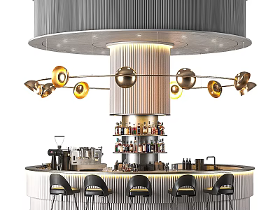Modern Bar Interior With Circular Counter Gold Sphere Chandelier And Black Bar Stools 3d model