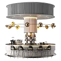 Modern Bar Interior With Circular Counter Gold Sphere Chandelier And Black Bar Stools