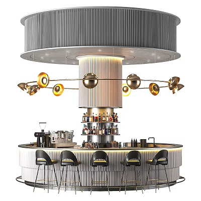 Modern Bar Interior With Circular Counter Gold Sphere Chandelier And Black Bar Stools 3d model