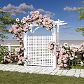 White Arch Entry Gate Decorated With Pink Roses Green Trees And Stone Pathway