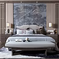 Modern Background Double Bed Interior With Scenic Landscape Wall Art Lamps And Bench