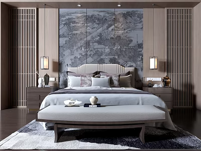 Modern Background Double Bed Interior With Scenic Landscape Wall Art Lamps And Bench 3d model
