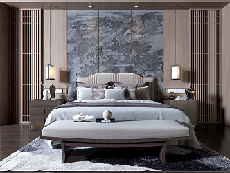 New Chinese Background Double Bed Double Bed 3d model