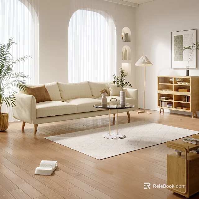 Beige Sofa and Coffee Table Set with Throw Pillows Floor Lamp and Potted Plant 3d model 