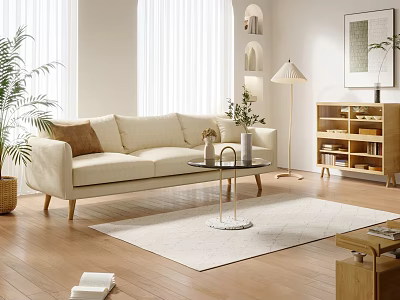 Beige Sofa and Coffee Table Set with Throw Pillows Floor Lamp and Potted Plant 3d model