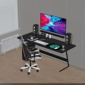 Modern Black Desk with Large Monitor Speakers Keyboard Mouse and Ergonomic Office Chair by Window