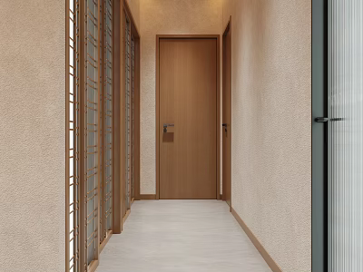 Modern Elevator Hallway Interior With Wooden Door Light Colored Walls And Lattice Panels 3d model