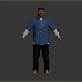 Man Wearing Blue Shirt With White Sleeves Black Pants And Yellow Shoes On Gray Background