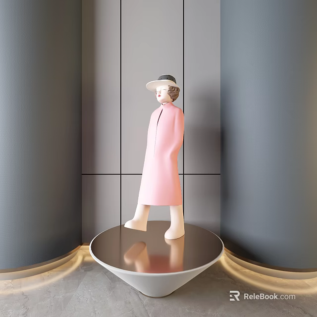 Modern Human Figure Sculpture Wearing Pink Long Coat With Hat Standing On Circular Metal Base 3d model 