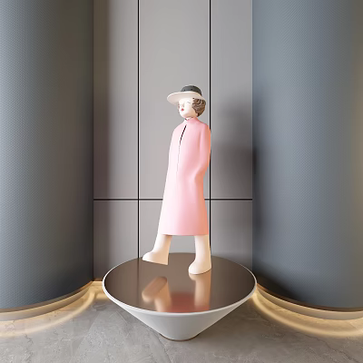 Modern Human Figure Sculpture Wearing Pink Long Coat With Hat Standing On Circular Metal Base 3d model