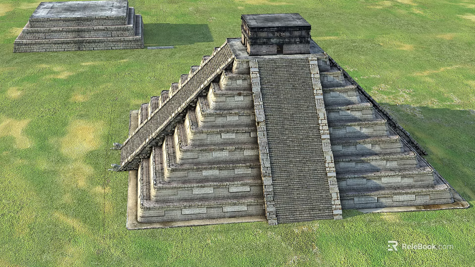 Cartoon Scene Featuring Ancient Pyramid With Stone Steps And Green Grass Field 3d model 