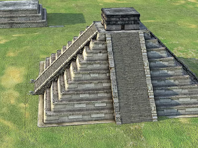 Cartoon Scene Featuring Ancient Pyramid With Stone Steps And Green Grass Field 3d model