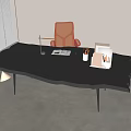 Modern Black Office Desk With Table Lamp Open Book Pencils Folder Red Chair And Natural Light