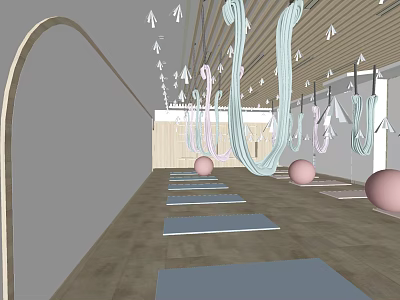 Spacious Yoga Fitness Studio With Aerial Straps Pink Exercise Balls And Blue Mats 3d model