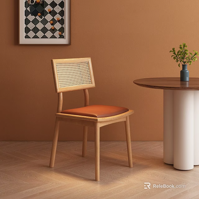 Wooden Dining Chair With Rattan Back And Brown Cushion Orange Wall Round Table And Plant 3d model 