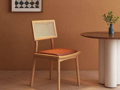Wooden Dining Chair With Rattan Back And Brown Cushion Orange Wall Round Table And Plant 3d model