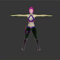 Woman in Blue Halter Top and Black Tight Pants with Arms Outstretched on Gray Background