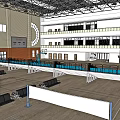 Indoor Sports Gym With Basketball Courts Multi Level Seating And Wooden Flooring