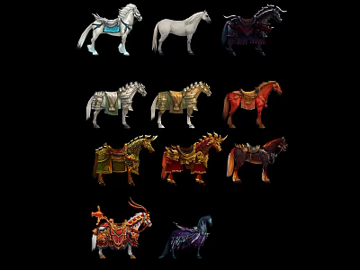 Various Colored Decorated Horses With Intricate Saddles And Ornamental Details 3d model