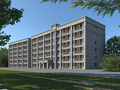 Multi Story Gray Building With Green Lawn Trees And Symmetrical Windows Design 3d model