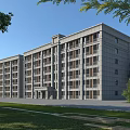 Multi Story Gray Building With Green Lawn Trees And Symmetrical Windows Design