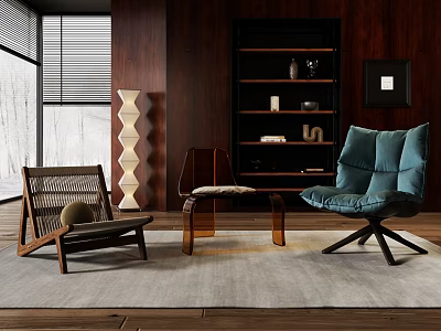 Stylish Leisure Chairs In Modern Wooden Interior With Bookshelf Floor Lamp And Rug 3d model
