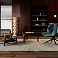 Stylish Leisure Chairs In Modern Wooden Interior With Bookshelf Floor Lamp And Rug