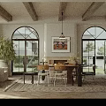 Elegant Restaurant Interior Design With Arched Windows Wooden Beams And Fireplace