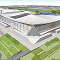 Modern Museum Building With Unique Roof Design Glass Facade And Green Landscape