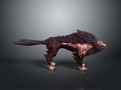 Game Movie Character Design Of Furry Wolf With Tattered Skin And Red Textures 3d model